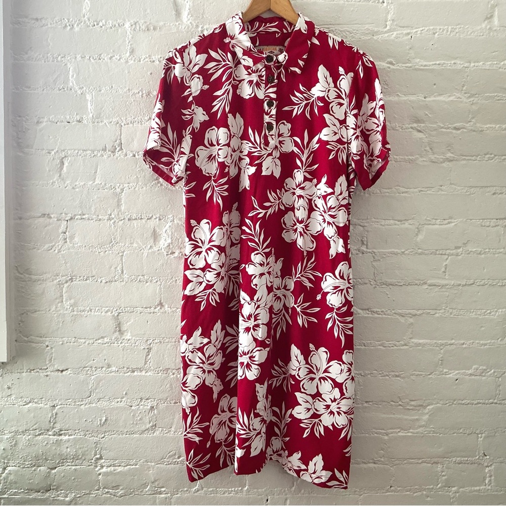 Caribbean Joe Red White Tropical Print Short Sleeve Collared Dress Resort LP